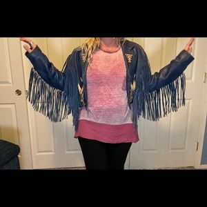 Vintage 100% leather, blue with fringe, cropped jacket with bead work!